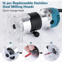 Wood Router+15PCS 1/4" Router Bit Set RouterTool 800W Wood Routers for Woodworking Tool,30000R/MIN Compact Edge Trimme