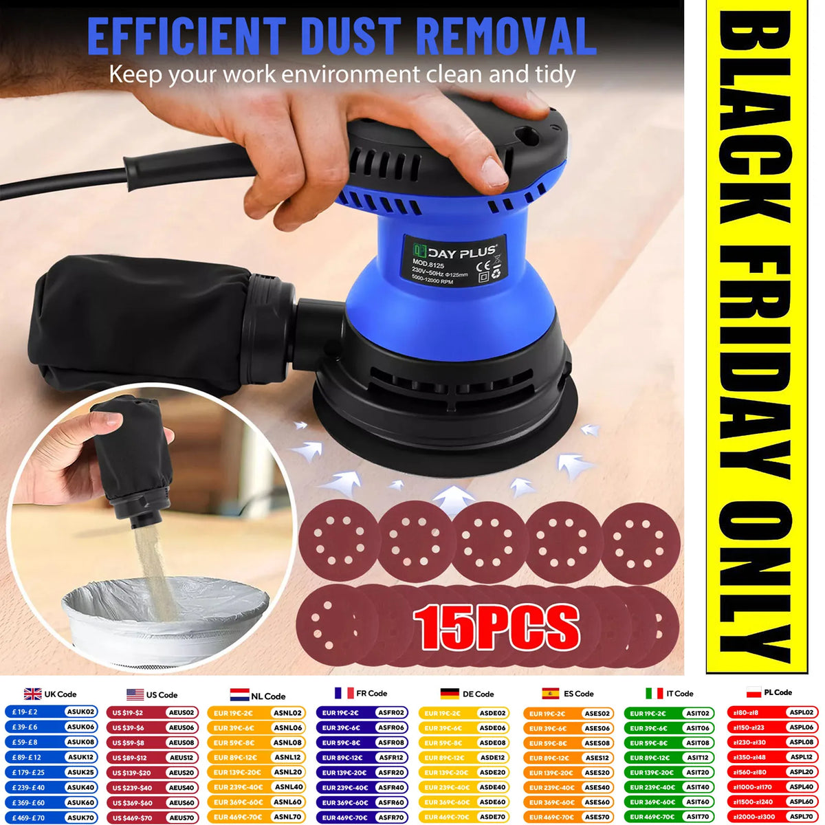 DayPlus 300W Random Orbital Sander with 15pcs Sandpaper & Dust Bag, 6 Speeds 125mm Sanding Machine for Wood Metal Polishing