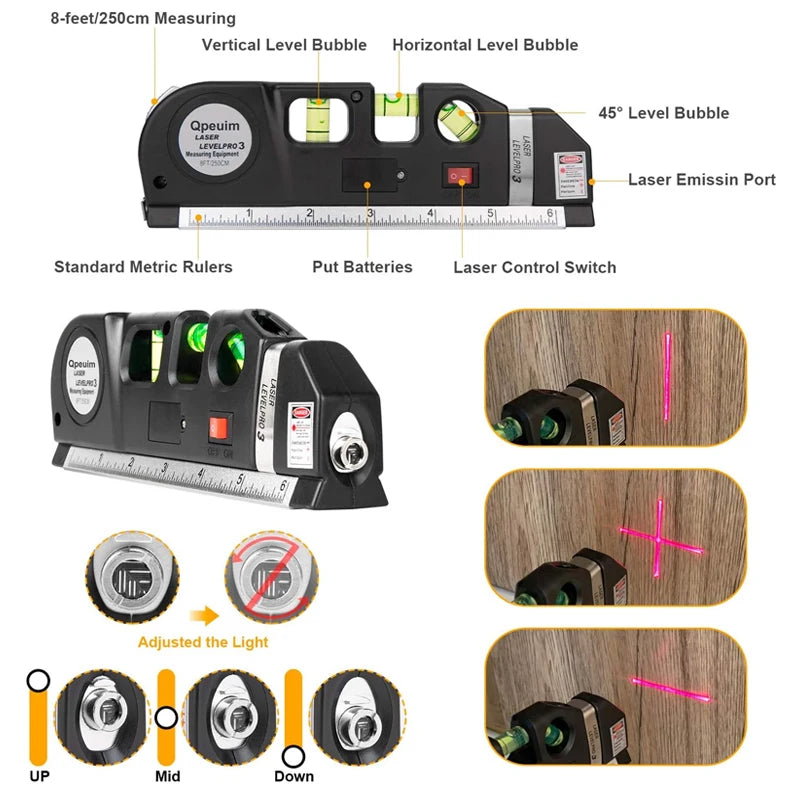 Laser Level Line Tool Multipurpose Laser Level Kit Standard Cross Line Lase 8 Feet Measure Tape Ruler With Metal Tripod Stand
