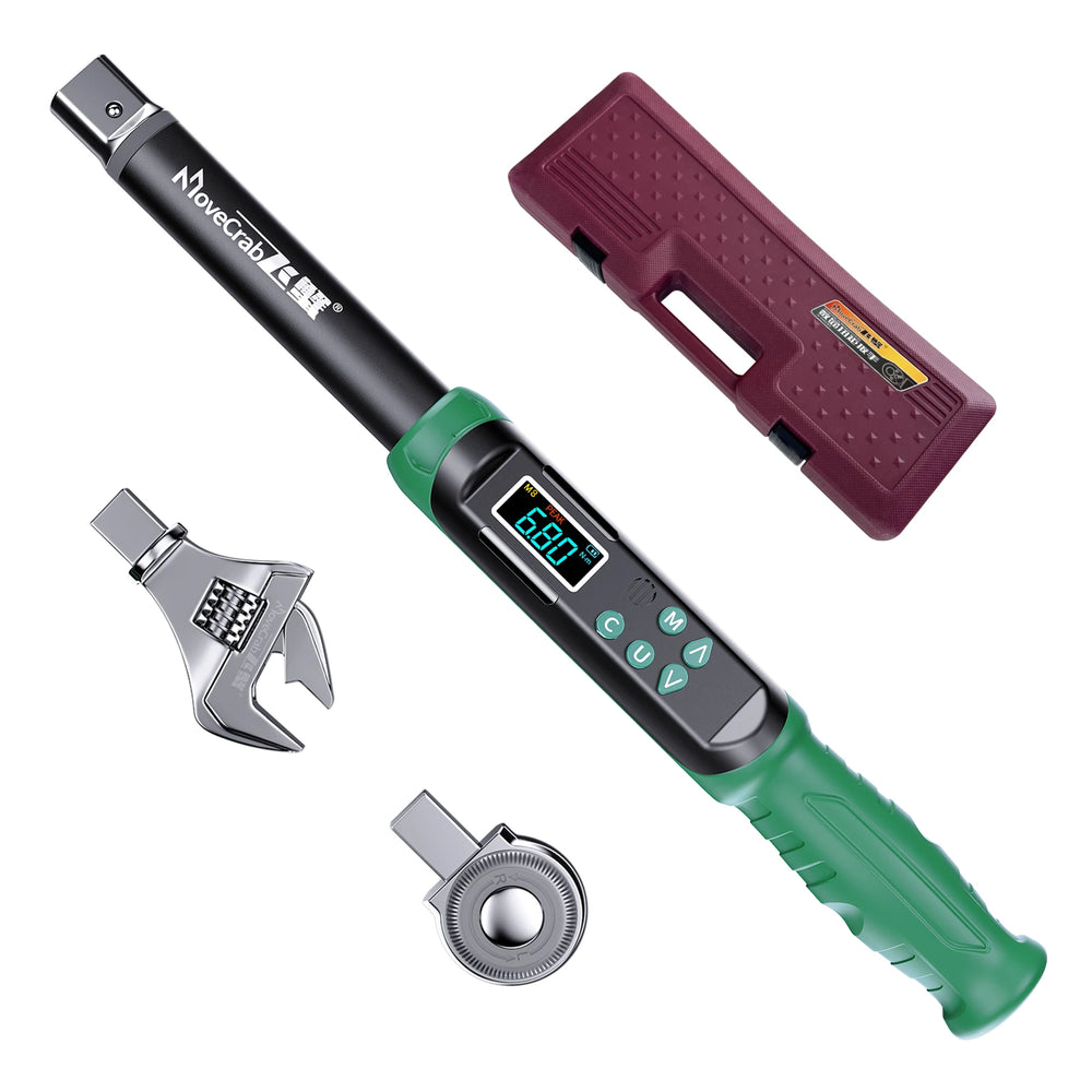 Digital Torque Wrench with Interchangeable Heads Precision Adjustable 5-99.6ft.lb(6.8-135Nm) Ratchet & Open-End Heads Profession