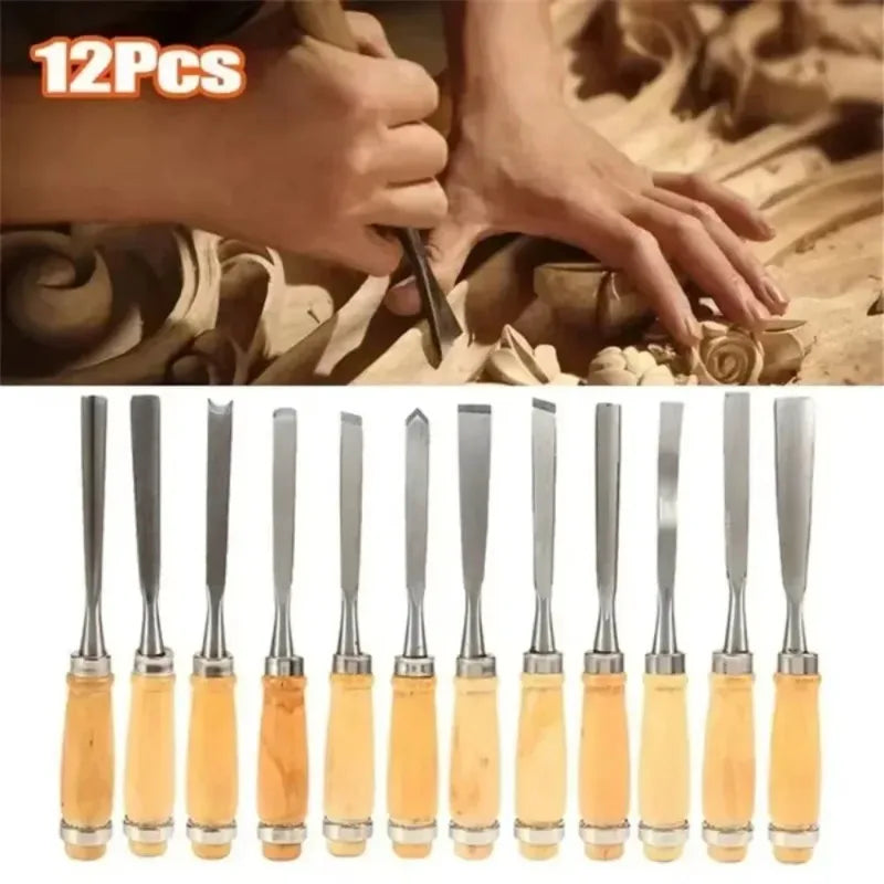12PCS Wood Carving Hand Chisel Woodworking Lathe Gouges Tools Woodcarving Tools Set Carved Chisel Carving Knife Set