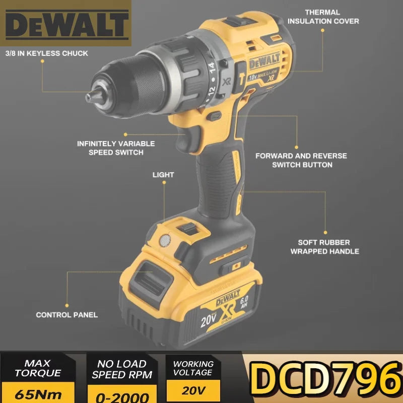 Dewalt DCD796 Cordless Brushless Impact Drill Brushless Drive Compact Drill Rechargeable Portable Power Tools
