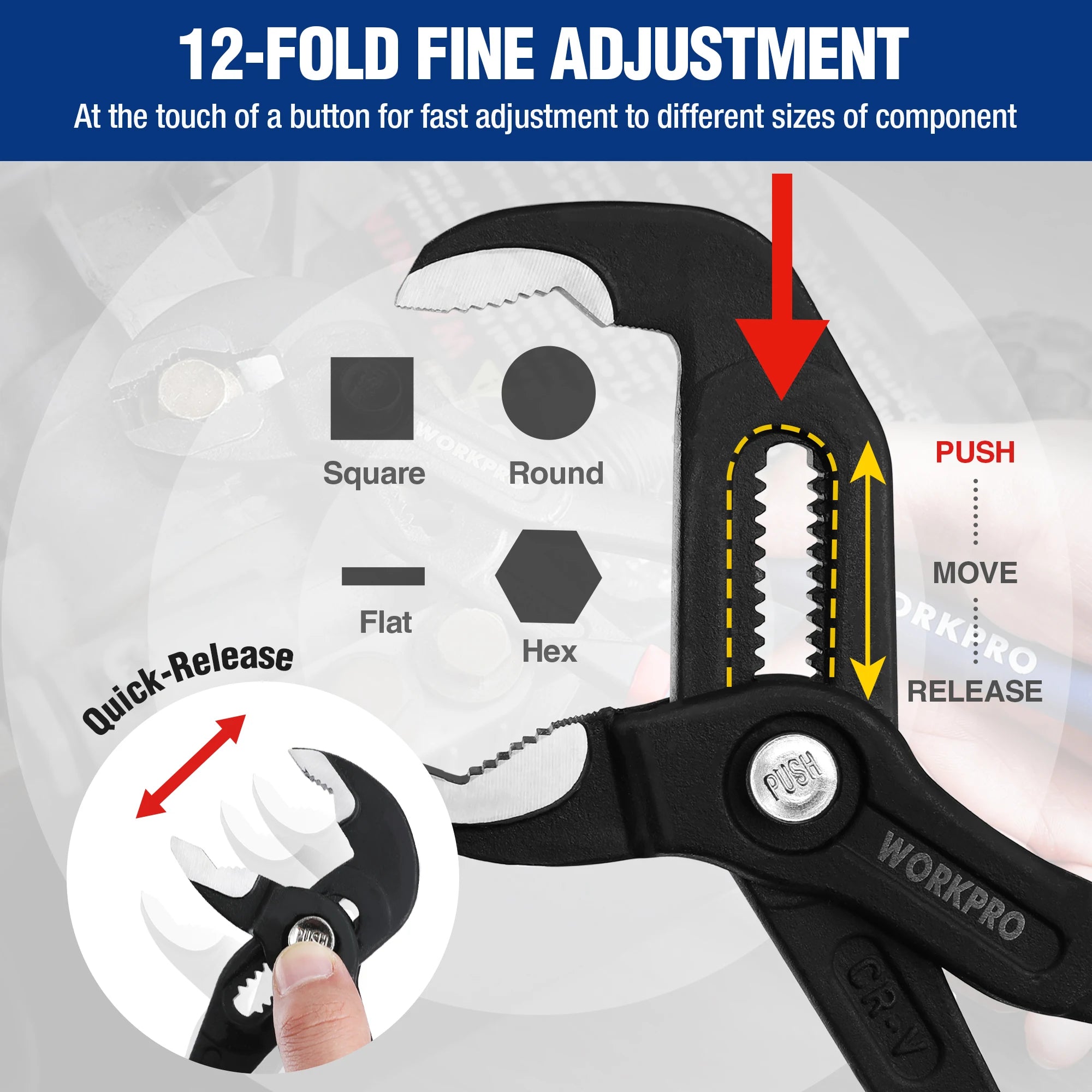 WORKPRO 7" Water Pump Pliers Adjustable Quick Adjusting Curved Jaw Groove Joint Pliers Non-Slip Comfort Handle