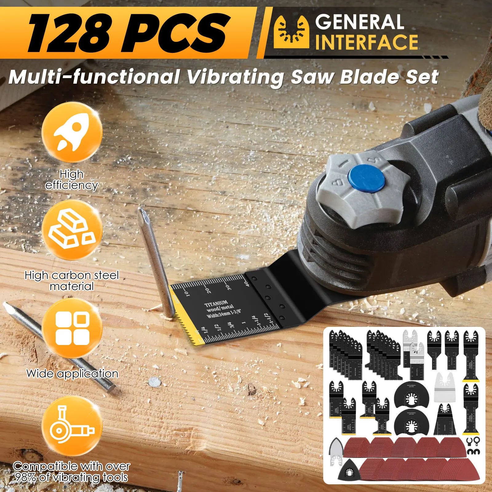 128PCS Oscillating Tool Blade with Scraper Sandpaper Sanding Disc and Adapter Oscillating Tool Accessories for Cutting and