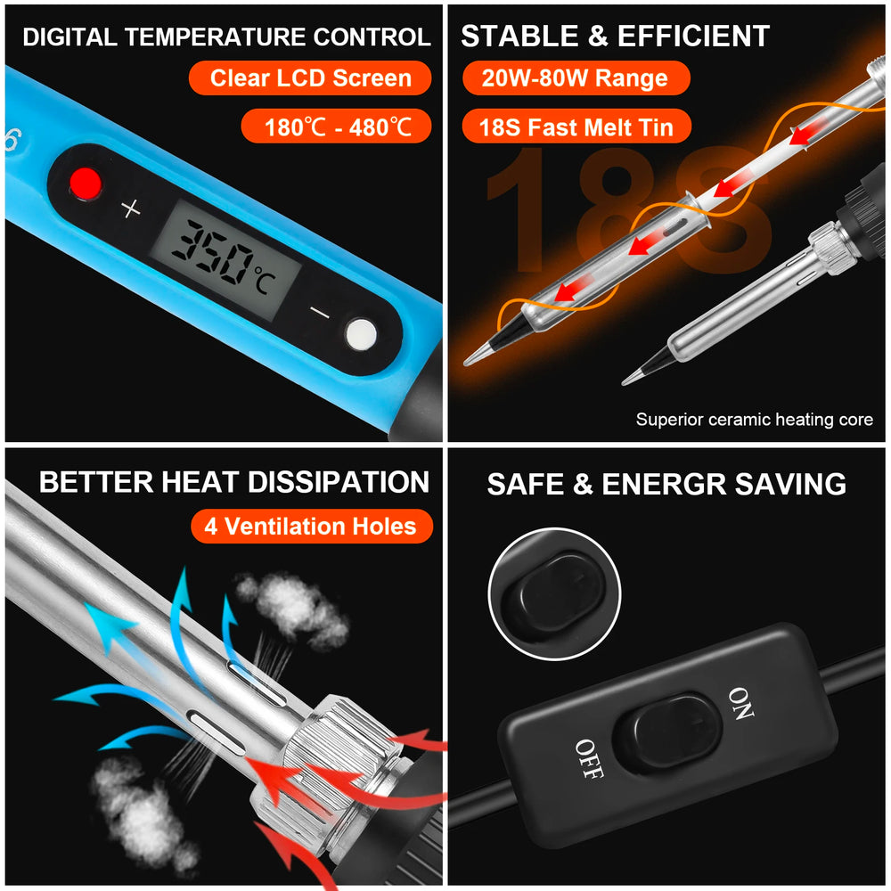 Soldering Iron Kit for Electronics 80W LCD Digital Adjustable Temperature Welding Repair Tools with Switch, Solder Tin Tips