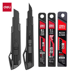 Deli Heavy Duty Utility Knife Sharp Black SK5 Carbon Steel Blades 9mm/18mm/Auto-Retractable Box Cutter for Cardboard Cartons