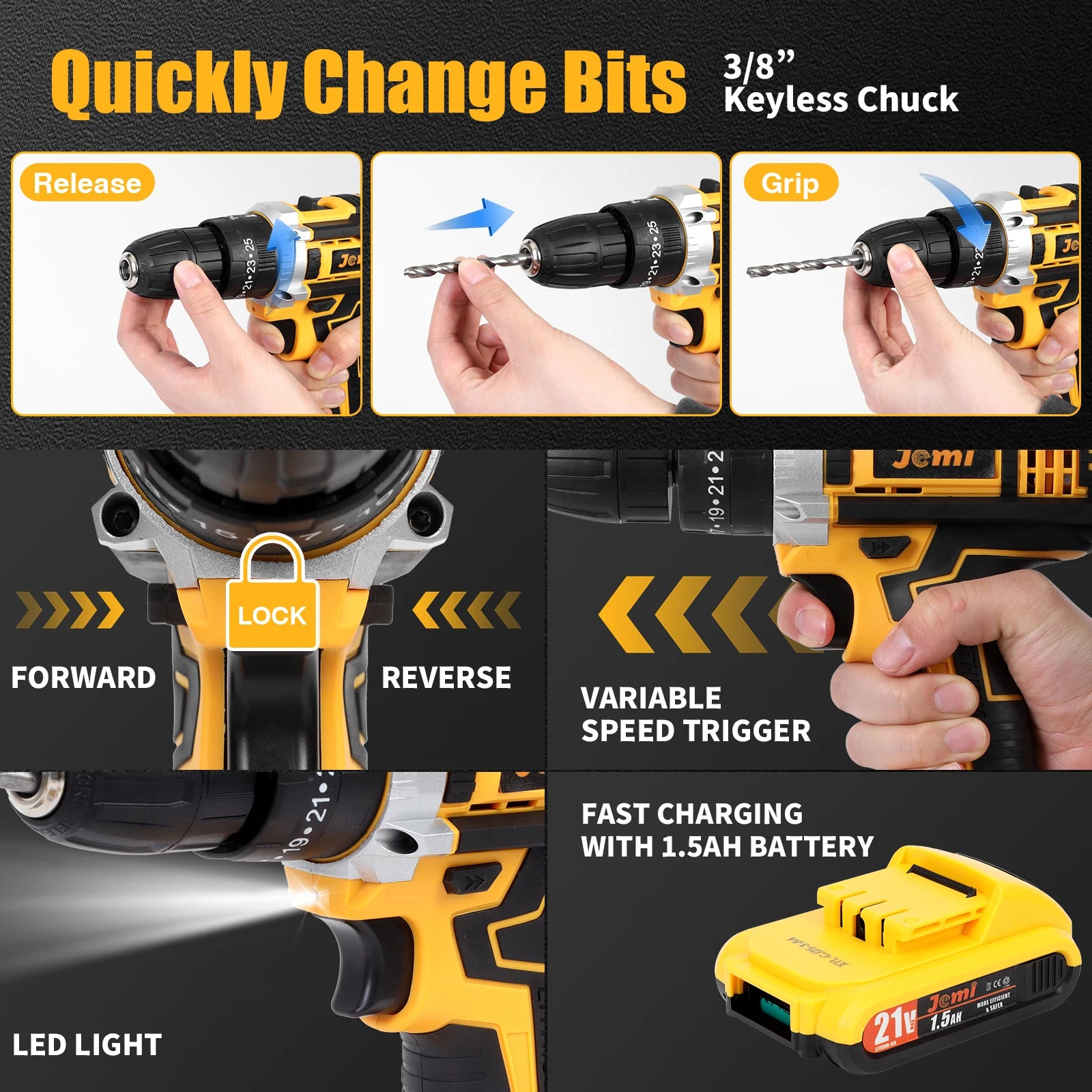 Jemi 12V/21V Cordless Electric Drill Set 45Nm Impact Drill