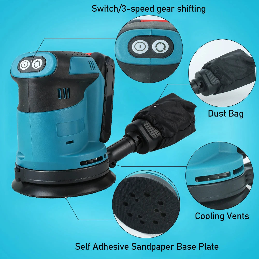 Electric Orbital Sander 125MM Multifunctional Portable 21V Li-ion Sanding Tool for Wood, Plastic and Small DIY Projects