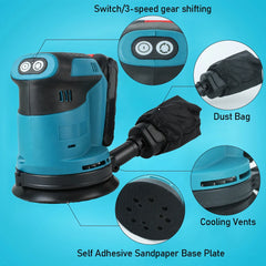 Electric Orbital Sander 125MM Multifunctional Portable 21V Li-ion Sanding Tool for Wood, Plastic and Small DIY Projects