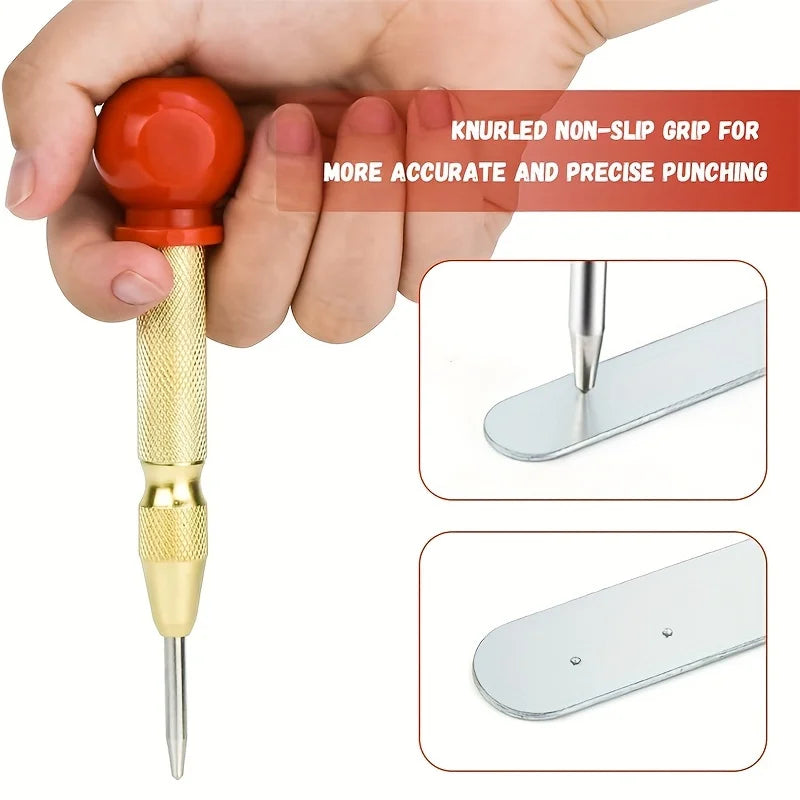 5inch Automatic Center Center Punch with Spring & Cushion Cap for Metal, Wood, Glass, Plastic - Golden Hand Tool
