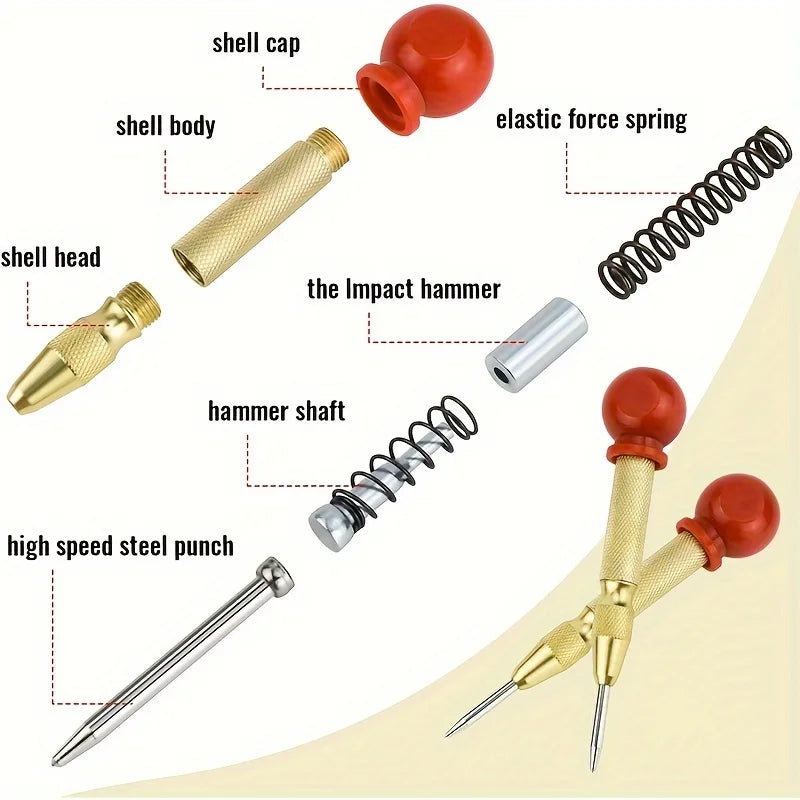 5inch Automatic Center Center Punch with Spring & Cushion Cap for Metal, Wood, Glass, Plastic - Golden Hand Tool